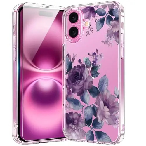bicol for iPhone 16 Case with Screen Protector, Enhanced Camera Protection, Crystal Acrylic Clear with Fashionable Designs for Girls Women, Slim Fit Protective Phone Cover 6.1