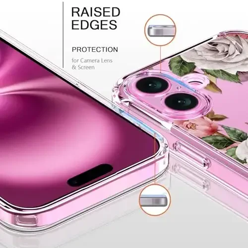 bicol for iPhone 16 Case with Screen Protector, Enhanced Camera Protection, Crystal Acrylic Clear with Fashionable Pattern Designs for Girls Women, Slim Fit Protective Phone Cover 6.1
