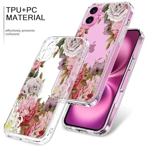 bicol for iPhone 16 Case with Screen Protector, Enhanced Camera Protection, Crystal Acrylic Clear with Fashionable Pattern Designs for Girls Women, Slim Fit Protective Phone Cover 6.1