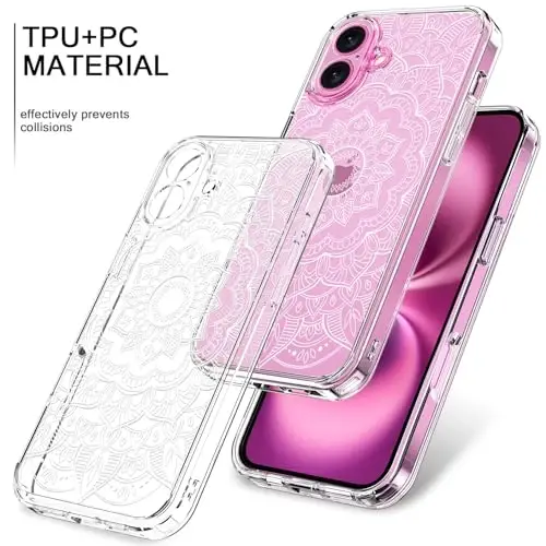 bicol for iPhone 16 Case with Screen Protector, Enhanced Camera Protection, Crystal Acrylic Clear with Fashionable Pattern Designs for Girls Women, Slim Fit Protective Phone Cover 6.1
