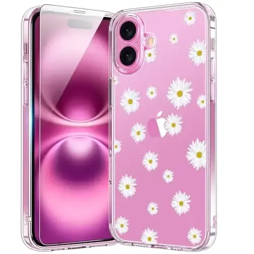 bicol for iPhone 16 Case with Screen Protector, Enhanced Camera Protection, Crystal Acrylic Clear with Fashionable Pattern Designs for Girls Women, Slim Fit Protective Phone Cover 6.1