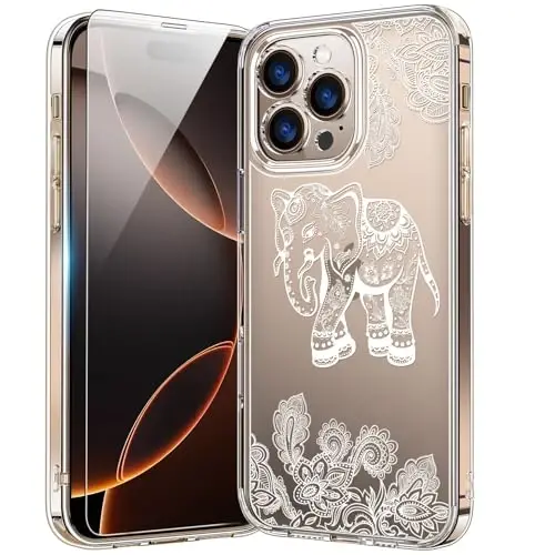 bicol for iPhone 16 Plus Case with Screen Protector, Enhanced Camera Protection, Crystal Acrylic Clear with Fashionable Designs for Girls Women, Slim Fit Protective Phone Cover, Beautiful Elephant 