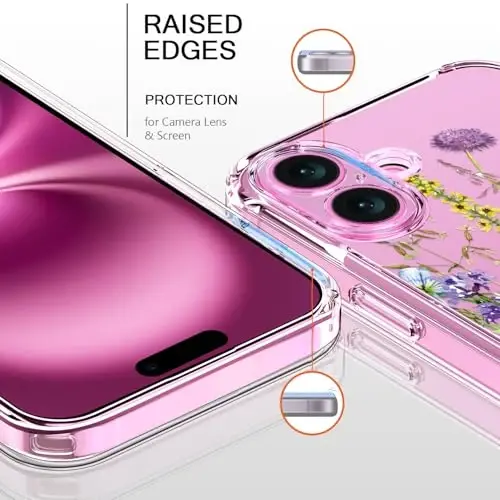 bicol for iPhone 16 Plus Case with Screen Protector, Enhanced Camera Protection, Crystal Acrylic Clear with Fashionable Designs for Girls Women, Slim Fit Protective Phone Cover, Blooming Flowers - 2