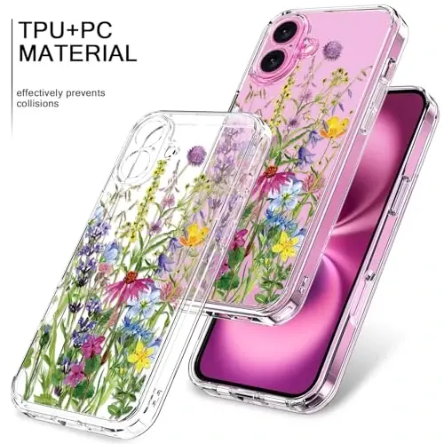 bicol for iPhone 16 Plus Case with Screen Protector, Enhanced Camera Protection, Crystal Acrylic Clear with Fashionable Designs for Girls Women, Slim Fit Protective Phone Cover, Blooming Flowers - 3