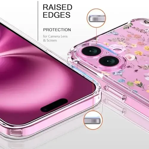 bicol for iPhone 16 Plus Case with Screen Protector, Enhanced Camera Protection, Crystal Acrylic Clear with Fashionable Designs for Girls Women, Slim Fit Protective Phone Cover, Blooming Wildflower - 2
