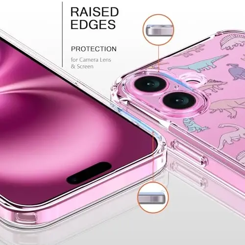 bicol for iPhone 16 Plus Case with Screen Protector, Enhanced Camera Protection, Crystal Acrylic Clear with Fashionable Designs for Girls Women, Slim Fit Protective Phone Cover, Cute Dinosaurs - 2