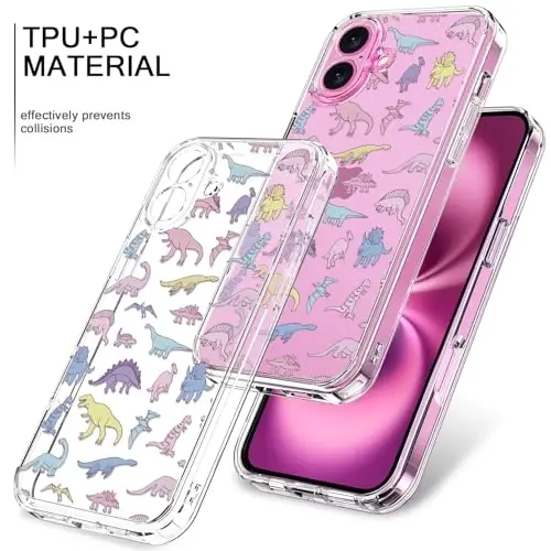 bicol for iPhone 16 Plus Case with Screen Protector, Enhanced Camera Protection, Crystal Acrylic Clear with Fashionable Designs for Girls Women, Slim Fit Protective Phone Cover, Cute Dinosaurs - 3
