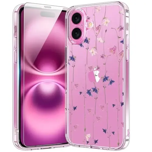 bicol for iPhone 16 Plus Case with Screen Protector, Enhanced Camera Protection, Crystal Acrylic Clear with Fashionable Designs for Girls Women, Slim Fit Protective Phone Cover, Elegant Florals - 1
