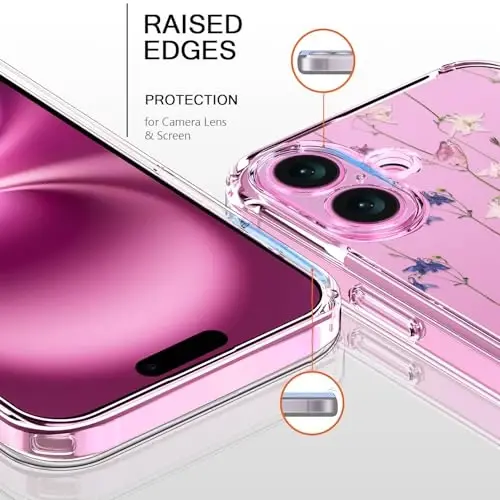 bicol for iPhone 16 Plus Case with Screen Protector, Enhanced Camera Protection, Crystal Acrylic Clear with Fashionable Designs for Girls Women, Slim Fit Protective Phone Cover, Elegant Florals - BICOL (1)