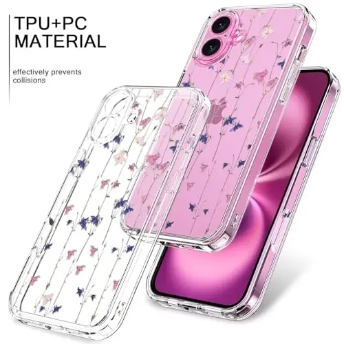 bicol for iPhone 16 Plus Case with Screen Protector, Enhanced Camera Protection, Crystal Acrylic Clear with Fashionable Designs for Girls Women, Slim Fit Protective Phone Cover, Elegant Florals - 3