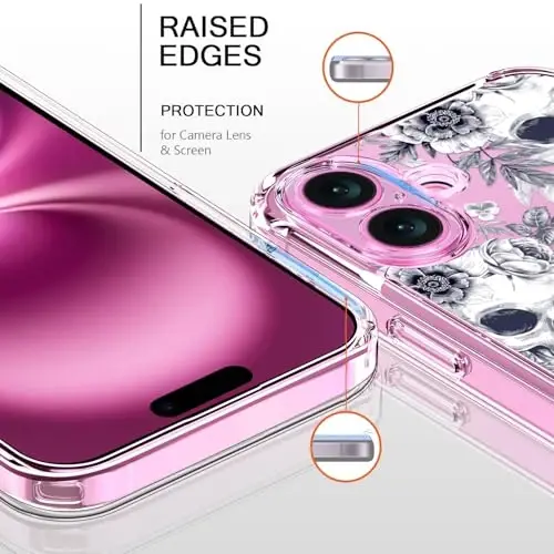 bicol for iPhone 16 Plus Case with Screen Protector, Enhanced Camera Protection, Crystal Acrylic Clear with Fashionable Designs for Girls Women, Slim Fit Protective Phone Cover, Elegant Skulls - 2