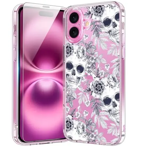 bicol for iPhone 16 Plus Case with Screen Protector, Enhanced Camera Protection, Crystal Acrylic Clear with Fashionable Designs for Girls Women, Slim Fit Protective Phone Cover, Elegant Skulls - 1