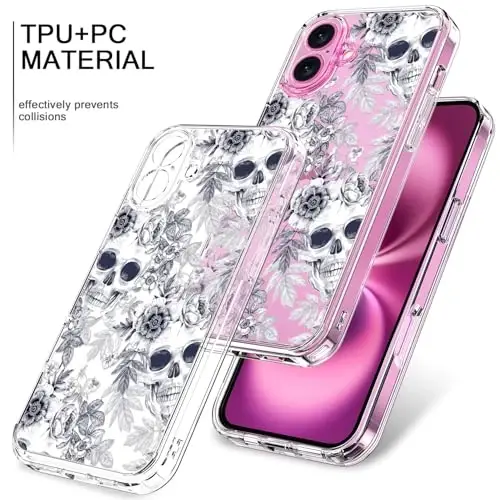 bicol for iPhone 16 Plus Case with Screen Protector, Enhanced Camera Protection, Crystal Acrylic Clear with Fashionable Designs for Girls Women, Slim Fit Protective Phone Cover, Elegant Skulls - 3
