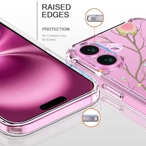 bicol for iPhone 16 Plus Case with Screen Protector, Enhanced Camera Protection, Crystal Acrylic Clear with Fashionable Pattern Designs for Girls Women, Slim Fit Protective Phone Cover, Coloed Birds - BICOL (1)