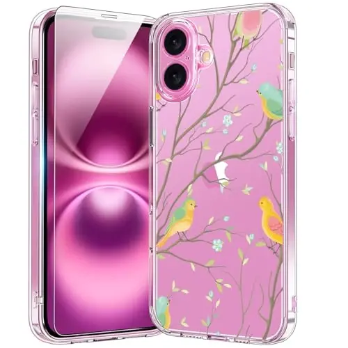 bicol for iPhone 16 Plus Case with Screen Protector, Enhanced Camera Protection, Crystal Acrylic Clear with Fashionable Pattern Designs for Girls Women, Slim Fit Protective Phone Cover, Coloed Birds - 1