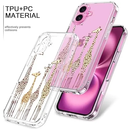 bicol for iPhone 16 Plus Case with Screen Protector, Enhanced Camera Protection, Crystal Acrylic Clear with Fashionable Pattern Designs for Girls Women, Slim Fit Protective Phone Cover, Cute Giraffe - 3