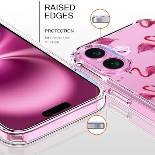 bicol for iPhone 16 Plus Case with Screen Protector, Enhanced Camera Protection, Crystal Acrylic Clear with Fashionable Pattern Designs for Girls Women, Slim Fit Protective Phone Cover, Flamingos - 2