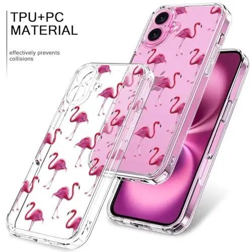 bicol for iPhone 16 Plus Case with Screen Protector, Enhanced Camera Protection, Crystal Acrylic Clear with Fashionable Pattern Designs for Girls Women, Slim Fit Protective Phone Cover, Flamingos - 3