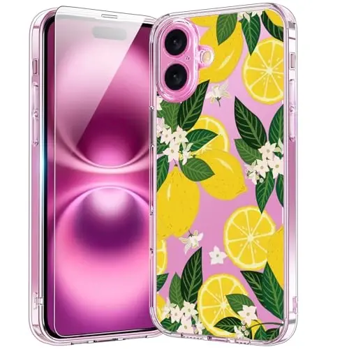 bicol for iPhone 16 Plus Case with Screen Protector, Enhanced Camera Protection, Crystal Acrylic Clear with Fashionable Pattern Designs for Girls Women, Slim Fit Protective Phone Cover, Nice Lemons - 1