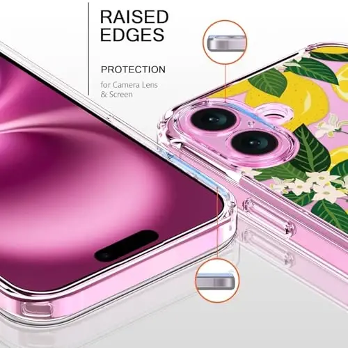 bicol for iPhone 16 Plus Case with Screen Protector, Enhanced Camera Protection, Crystal Acrylic Clear with Fashionable Pattern Designs for Girls Women, Slim Fit Protective Phone Cover, Nice Lemons - 2