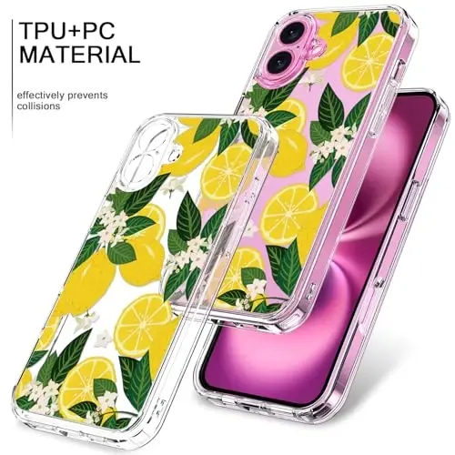 bicol for iPhone 16 Plus Case with Screen Protector, Enhanced Camera Protection, Crystal Acrylic Clear with Fashionable Pattern Designs for Girls Women, Slim Fit Protective Phone Cover, Nice Lemons - 3