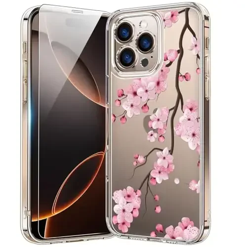bicol for iPhone 16 Pro Case with Screen Protector, Enhanced Camera Protection, Crystal Acrylic Clear with Fashionable Designs for Girls Women, Slim Fit Protective Phone Cover, Blooming Cherry - 1