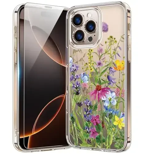 bicol for iPhone 16 Pro Case with Screen Protector, Enhanced Camera Protection, Crystal Acrylic Clear with Fashionable Designs for Girls Women, Slim Fit Protective Phone Cover, Blooming Flowers - BICOL
