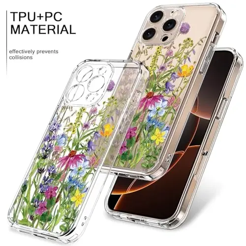 bicol for iPhone 16 Pro Case with Screen Protector, Enhanced Camera Protection, Crystal Acrylic Clear with Fashionable Designs for Girls Women, Slim Fit Protective Phone Cover, Blooming Flowers - 3