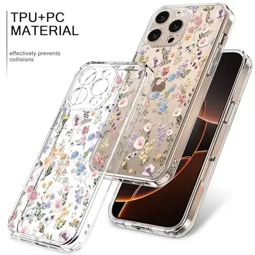 bicol for iPhone 16 Pro Case with Screen Protector, Enhanced Camera Protection, Crystal Acrylic Clear with Fashionable Designs for Girls Women, Slim Fit Protective Phone Cover, Blooming Wildflower - 3