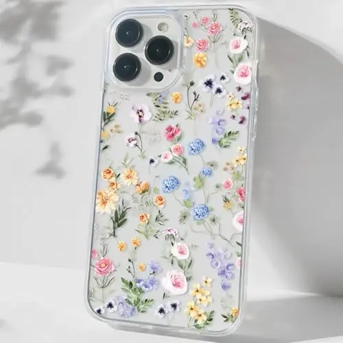 bicol for iPhone 16 Pro Case with Screen Protector, Enhanced Camera Protection, Crystal Acrylic Clear with Fashionable Designs for Girls Women, Slim Fit Protective Phone Cover, Blooming Wildflower - 1