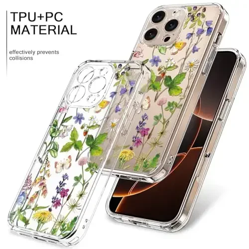bicol for iPhone 16 Pro Case with Screen Protector, Enhanced Camera Protection, Crystal Acrylic Clear with Fashionable Designs for Girls Women, Slim Fit Protective Phone Cover, Butterfly Flowers - 3