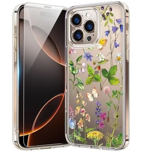 bicol for iPhone 16 Pro Case with Screen Protector, Enhanced Camera Protection, Crystal Acrylic Clear with Fashionable Designs for Girls Women, Slim Fit Protective Phone Cover, Butterfly Flowers - BICOL