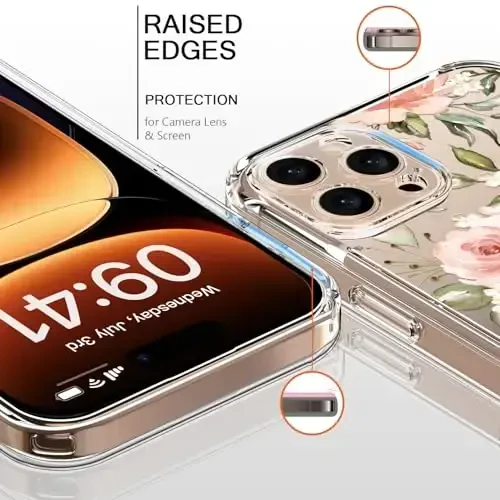 bicol for iPhone 16 Pro Case with Screen Protector, Enhanced Camera Protection, Crystal Acrylic Clear with Fashionable Designs for Girls Women, Slim Fit Protective Phone Cover, Champagne Flowers - BICOL (1)