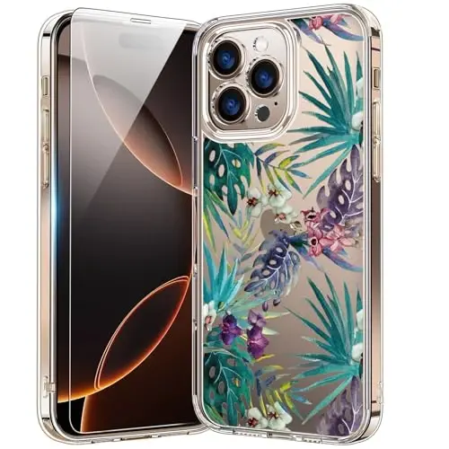 Bicol for iPhone 16 Pro Case with Screen Protector, Enhanced Camera Protection, Crystal Acrylic Clear with Fashionable Designs for Girls Women, Slim Fit Protective Phone Cover, Colored Tropical Leaves - BICOL
