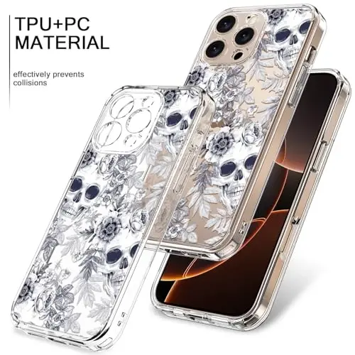 bicol for iPhone 16 Pro Case with Screen Protector, Enhanced Camera Protection, Crystal Acrylic Clear with Fashionable Designs for Girls Women, Slim Fit Protective Phone Cover, Elegant Skulls - 3