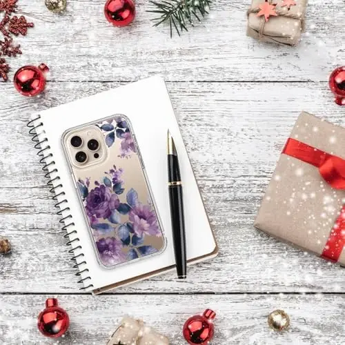 bicol Compatible with iPhone 15 Case, Crystal Acrylic Clear with Fashionable Pattern Designs for Girls Women, Slim Fit Shockproof Protective Phone Cover 6.1 inch,Purple Flowers - 6