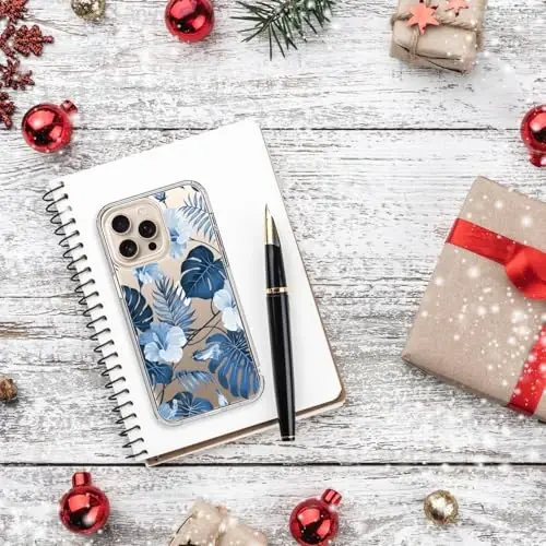bicol for iPhone 16 Pro Case with Screen Protector, Enhanced Camera Protection, Crystal Acrylic Clear with Fashionable Pattern Designs for Girls Women, Slim Fit Protective Phone Cover, Blue Leaves - 6
