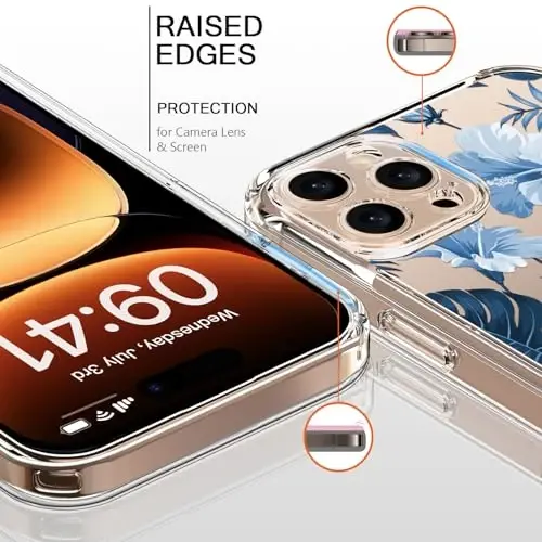 bicol for iPhone 16 Pro Case with Screen Protector, Enhanced Camera Protection, Crystal Acrylic Clear with Fashionable Pattern Designs for Girls Women, Slim Fit Protective Phone Cover, Blue Leaves - 2