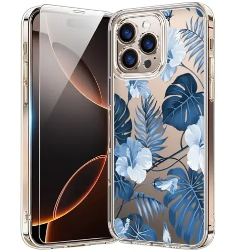 bicol for iPhone 16 Pro Case with Screen Protector, Enhanced Camera Protection, Crystal Acrylic Clear with Fashionable Pattern Designs for Girls Women, Slim Fit Protective Phone Cover, Blue Leaves - BICOL