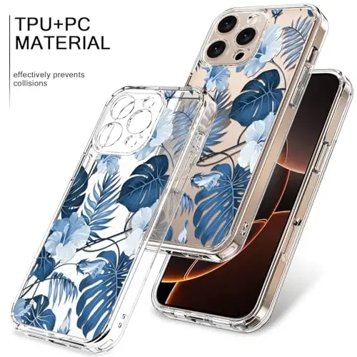 bicol for iPhone 16 Pro Case with Screen Protector, Enhanced Camera Protection, Crystal Acrylic Clear with Fashionable Pattern Designs for Girls Women, Slim Fit Protective Phone Cover, Blue Leaves - 3
