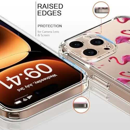bicol for iPhone 16 Pro Case with Screen Protector, Enhanced Camera Protection, Crystal Acrylic Clear with Fashionable Pattern Designs for Girls Women, Slim Fit Protective Phone Cover, Flamingos - BICOL (1)