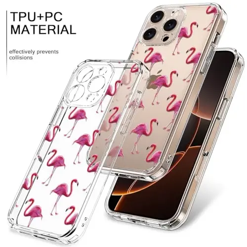 bicol for iPhone 16 Pro Case with Screen Protector, Enhanced Camera Protection, Crystal Acrylic Clear with Fashionable Pattern Designs for Girls Women, Slim Fit Protective Phone Cover, Flamingos - 3