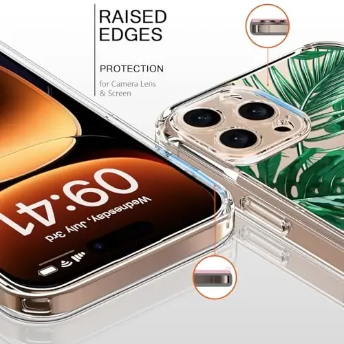 bicol for iPhone 16 Pro Case with Screen Protector, Enhanced Camera Protection, Crystal Acrylic Clear with Fashionable Pattern Designs for Girls Women, Slim Fit Protective Phone Cover, Green Leaves - 2
