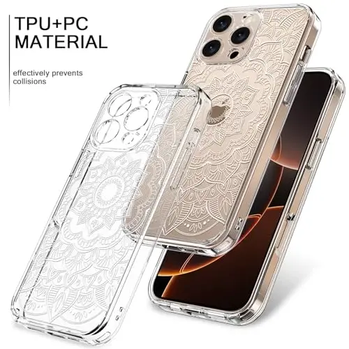 bicol for iPhone 16 Pro Case with Screen Protector, Enhanced Camera Protection, Crystal Acrylic Clear with Fashionable Pattern Designs for Girls Women, Slim Fit Protective Phone Cover, Henna - 3