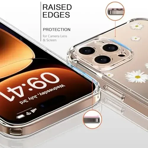 bicol for iPhone 16 Pro Case with Screen Protector, Enhanced Camera Protection, Crystal Acrylic Clear with Fashionable Pattern Designs for Girls Women, Slim Fit Protective Phone Cover, Nice Daisy - 2