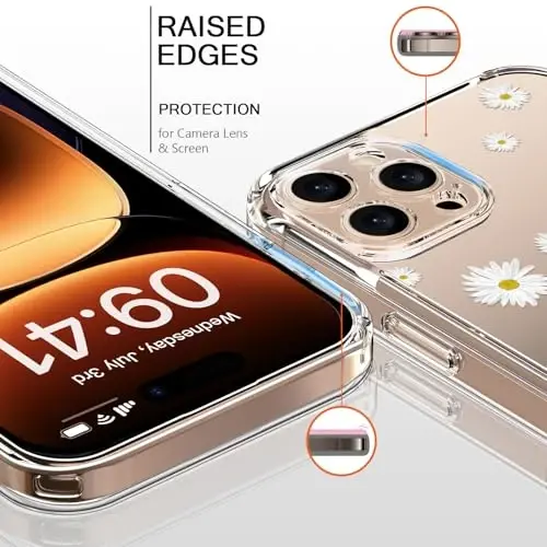 bicol for iPhone 16 Pro Case with Screen Protector, Enhanced Camera Protection, Crystal Acrylic Clear with Fashionable Pattern Designs for Girls Women, Slim Fit Protective Phone Cover, Nice Daisy - BICOL (1)