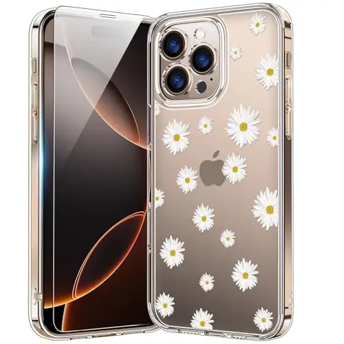 bicol for iPhone 16 Pro Case with Screen Protector, Enhanced Camera Protection, Crystal Acrylic Clear with Fashionable Pattern Designs for Girls Women, Slim Fit Protective Phone Cover, Nice Daisy - 1