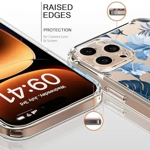 bicol for iPhone 16 Pro Max Case with Screen Protector, Enhanced Camera Protection, Crystal Clear with Fashionable Designs for Girls Women, Slim Fit Protective Phone Cover, Blue Leaves - BICOL (1)