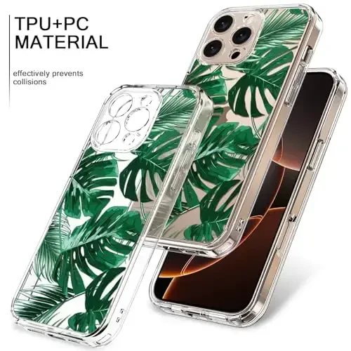 bicol for iPhone 16 Pro Max Case with Screen Protector, Enhanced Camera Protection, Crystal Clear with Fashionable Designs for Girls Women, Slim Fit Protective Phone Cover, Green Leaves - 3