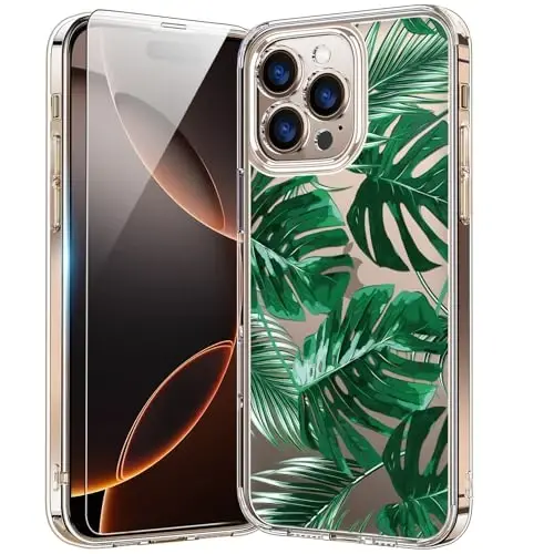 bicol for iPhone 16 Pro Max Case with Screen Protector, Enhanced Camera Protection, Crystal Clear with Fashionable Designs for Girls Women, Slim Fit Protective Phone Cover, Green Leaves - 1